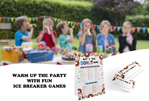 Qual é o seu jogo de nomes de donut, decoração de festa do jogo de donut, jogo de aniversário para crianças, jogo de família 16