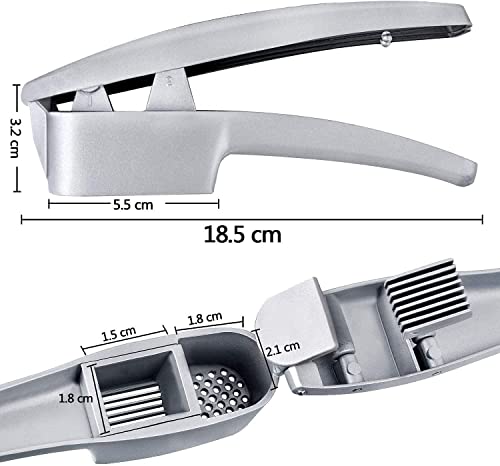 Pressão de alho, 2 em 1 alho moída e fatia de alho com escova de limpeza de alho e conjunto de descascadores de tubo de silicone, aperto fácil, prova de ferrugem, lava -louças