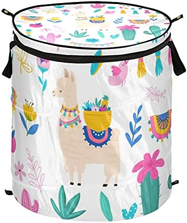 Ilustração Llama Pop up Up Laundry Horse com tampa de tampa com zíper cesta de roupa dobrável com alças Organizador de roupas de cesto