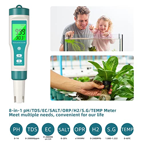 Medidor de pH, niriaho tds medidor 8 em 1 pH testador de ppm medidor de medidor de medidor de medidor de sal ORP H2 Tester Tester Tester Digital Faixa com 0-14, 0,001 alta precisão, ideal para água/piscina/aquário/vinho