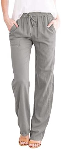 Calças de linho feminino Kcjgikpok, calças de linho de cordão de cordão reto de pernas altas com calças de linho de cordão com bolsos calças de lounge