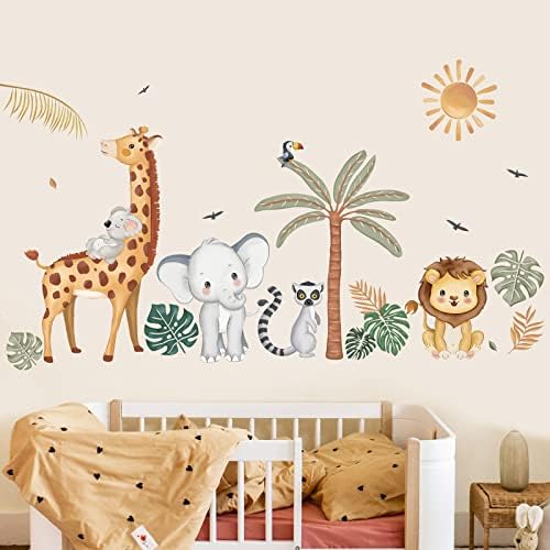 Semelhante Boho Jungle Animals adesivos de parede Safari Animal Palm Tree Tree Salão Casca de leão e decalques de arte da parede para berçário para bebês quarto de crianças