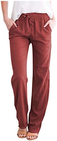 Calças de linho de algodão feminino calças de cintura alta de verão calça palazzo casual calça de perna larga e largura com bolsos