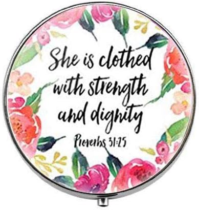 Ela está vestida de força e dignidade - Provérbios 31:25 Bíblia Verso Christian Art Phone Box - Charm Pill Box - Caixa de