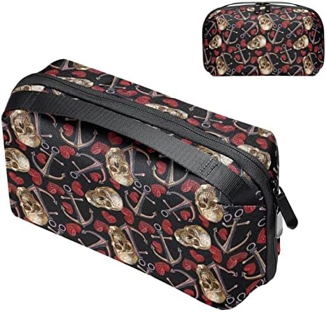Carteira de bolsa de bolsa de transporte de caixa de caixa de transportar Bolsa de viagem USB Organizador de bolso Zipper, Anchor Skull Heart Gothic Black Vintage