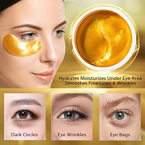 Feulhf Máscara Olhe Olhe Gold- 30 pares sob remendos para olhos para olhos inchados e tratamentos de círculos escuros- alivie a pressão e reduza as rugas e os olhos