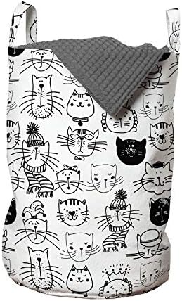 Bolsa de lavanderia de animais de Ambesonne, rostos de gatos de doodle cômico com chapéus de cachecol de cachecol Coroa Arte da caricatura infantil, cesta de cesto com alças fechamento de cordão para lavanderia, 13 x 19, branco e preto