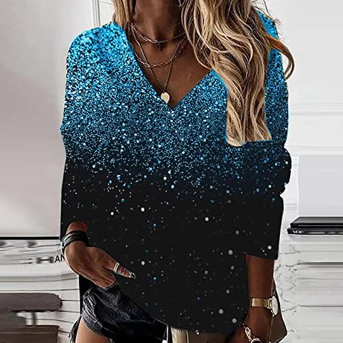Camisetas gran tamaño lentejuujuelas para mujer blusa mangá larga con cuello pico camiseta holgada brillante, túnica