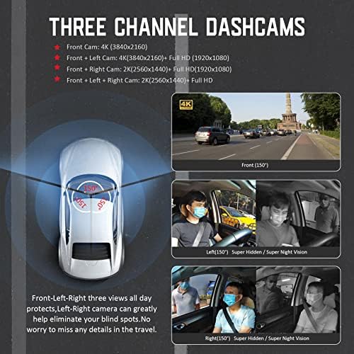 Hupejos v7pro 3 canal Dash Came com GPS Wi -Fi de 5 GHz, câmera de carro 4K ， 128 GB, 4K frontal+1080p esquerdo ou direito, 1440p+1080p+1080p Dash Camera para carros, IR Visão noturna, detecção de radar 24 horas