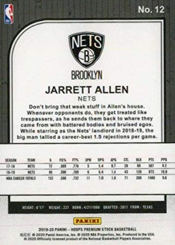 2019-20 Panini Hoops Premium Stock Retail 12 Jarrett Allen Brooklyn Nets NBA Basketball Trading Card
