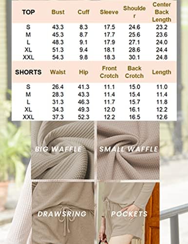 Pijama de malha de waffle feminino ekouaer define a blusa de manga longa e shorts combinando o suor de lounge de roupas de lounge com bolsos