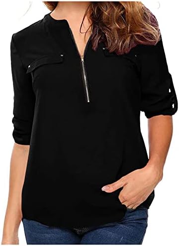 2023 curto 1/2 manga V pescoço de chiffon zip up casual solt fit relaxado fit blusa lisão camiseta para mulheres camisa m9