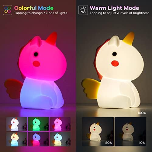 Awofot Unicorn Night Light for Kids, Luz noturna de Silicone Multi-Color para Quarto, Lâmpada Recarregável de Controle Recarregável,