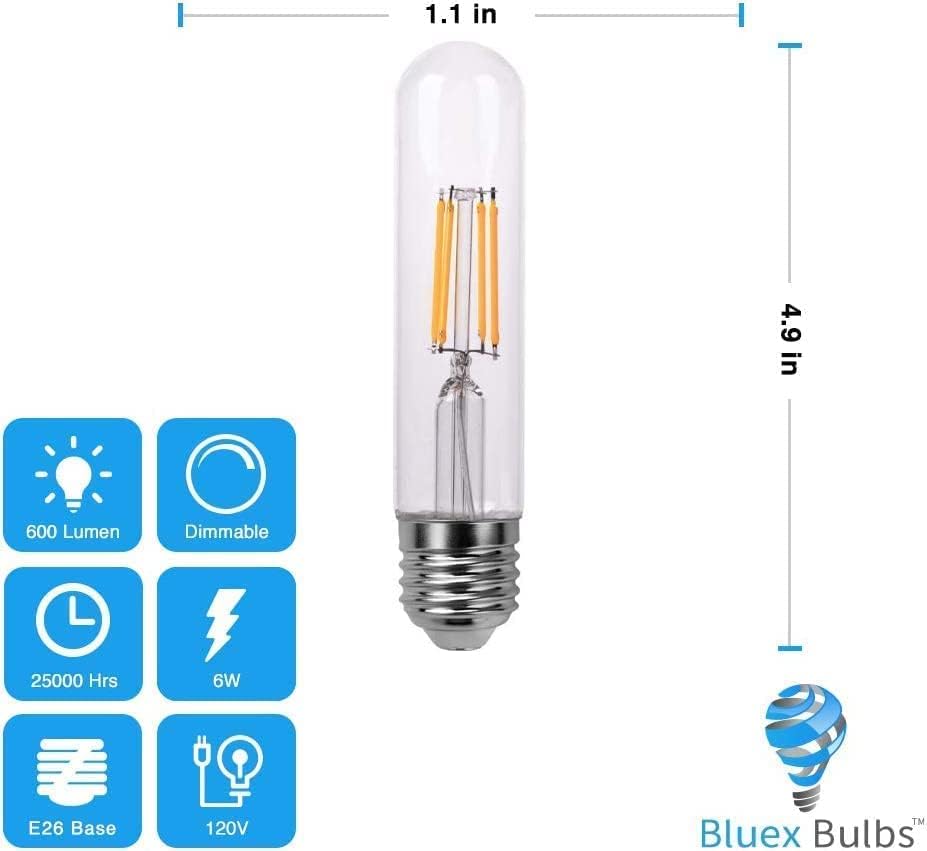 6 pacote t10 lâmpada LED 6W Dimmível E26 Base Lâmpada tubular 2700k Branco quente 60W equivalente a 800lm T10 Bulbo para pendente