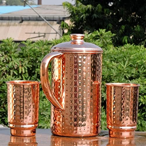 Jarro de cobre e copos para benefícios de saúde ayurvédica | Jarro de água pura de cobre com 2 copos de cobre martelados