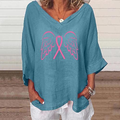 Camisa de linho casual feminina 3/4 Batwing Sleeve Breast Câncer Blusa Top T Top V Neck Camiseta gráfica fofa de fita