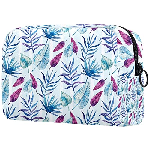 Bolsa de higiene pessoal Bolsa de lave de lavanderia de maquiagem cosmética com zíper folhas tropicais rosa azul para