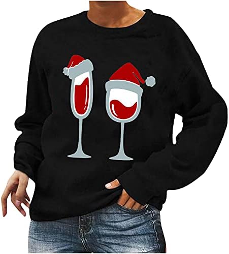Camisa de pulôver de vidro de vinho tinto de Natal para mulheres redondas de manga longa matéria de moletom casual Tops de impressão casual
