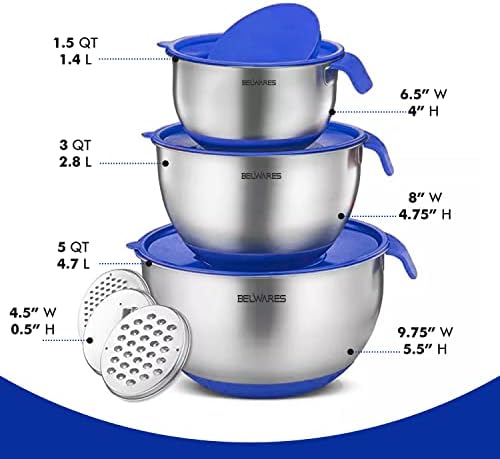 Belwares Mistura de tigelas com tampas - tigelas de ninho com grades, manuseio, pico, tampas herméticas - tigela de mistura de aço inoxidável para cozinhar, assar, preparar, armazenamento de alimentos, armazenamento de alimentos