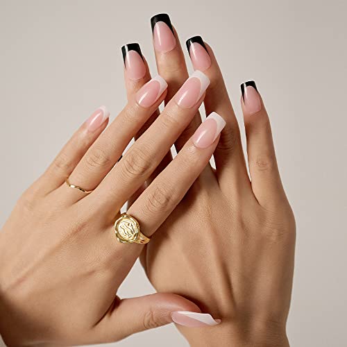 Jukupoa 24pcs Sques Sques Fake Nails French Tip Press On Unhas Elegante Nude Nude Black and White Design False unhas de capa completa Dicas de unhas para mulheres e meninas grudam nas unhas