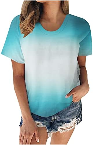 Blusas de pescoço para mulheres para mulheres cair no verão de manga curta gradiente gráfico listrado blusses tees meninas