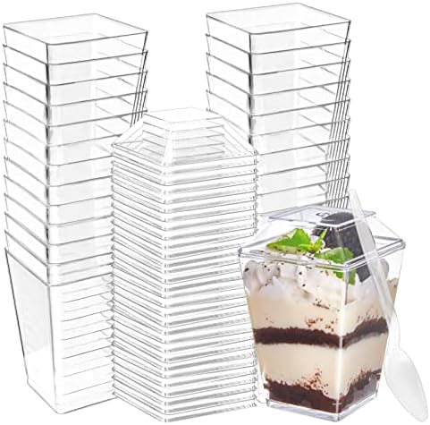 Qeirudu 50 pacote de 5 oz xícaras de sobremesa com tampas e colheres - copo de parfait de plástico transparente, mini xícaras de