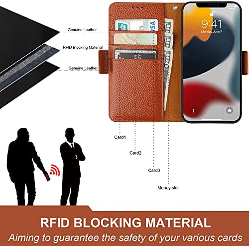 Caixa da carteira boca para iPhone 13 5G, couro genuíno suporta o carregamento sem fio RFID Blocking Flip Case Slots Slots, Kickstand