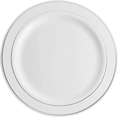 Munfix de 60 peças Placas de festa plásticas White Silver Rim, 30 Placas de jantar premium de 10,25 polegadas e 30 Placas
