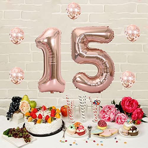 Rose Gold 15th Birthday Decorações - grande número de 40 polegadas 15 Balões de alumínio Balões de látex de látex para