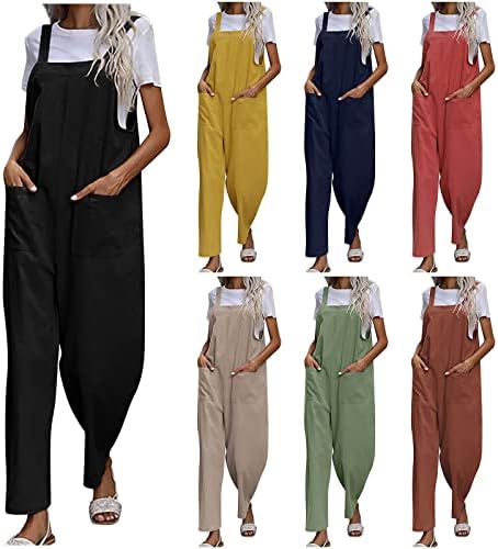 TGAJBL Women Cotton Linen Jumpsuits Rompers casuais Botão de peças de peças de peças de traje cor de manto de manto alta