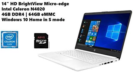 HP 14 HD Brightview Micro-Edge Laptop, Intel Celeron N4020, 4 GB DDR4, 64 GB EMMC, WiFi, Bluetooth, Webcam, USB