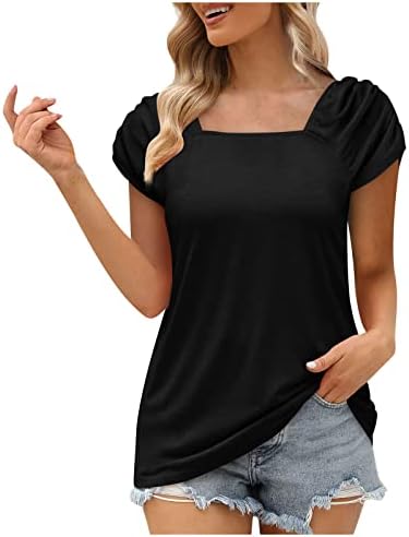 Tops de algodão feminino rochas de manga curta de pescoço quadrado tshirt verão camisetas casuais vistosas camisetas confortáveis