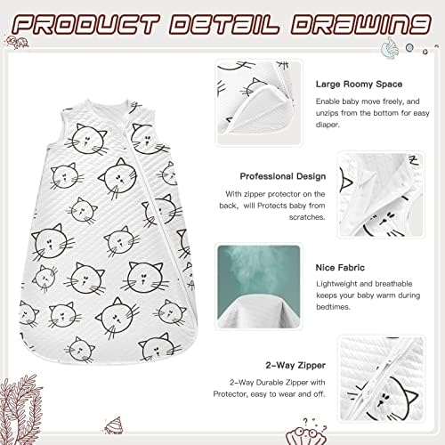Vvfelixl Sack Sack para bebês recém -nascidos - Cats pretos e brancos Cabeça Bobetão vestível - Bolsa de dormir