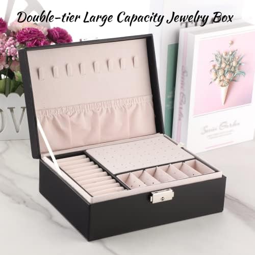 Caixa de jóias Coxeer para feminino Organizador de caixas de jóias com trava de couro PU, 2 camadas grandes Jóias de jóias Brias