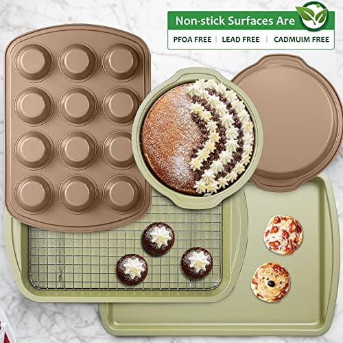 Bakeware antiaderente Conjunto de 10 PCs, Bandencas de Bicolor de Cozinha Profissional Conjunto de Folhas de Biscoitos, Pan de Muffin, Pão de Pão, Pão de Pão, Bolo e Cack de Refrigeração, 0,8 mm de Lava -louças/ Sávações de lavar louça