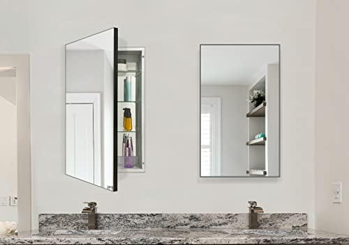 Fomayko Alumínio de alumínio Cabinete de remédios com fazenda Metal preto emoldurado 26 x16 polegadas Recesso ou superfície espelhado de montagem para o banheiro cozinha
