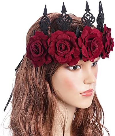 2pcs vintage rosa flor coroa de cabeça para a cabeça gótica Floral Headpiped Wedding Halloween Party Festival Rainha Festival de Cabelo, preto e vermelho