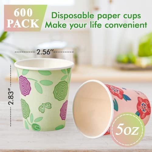 [600 pacote] Copos de papel descartáveis, copos de banheiro de 5 onças, pequenos xícaras de enxaguatório bucal, xícaras de bebidas para bebidas quentes/frias, mini xícaras de papel para camping, viagens, piqueniques e eventos, com flores verdes e rosa