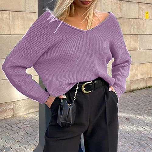 Fashion feminino e outono e inverno casual com manga longa de hedge malha de tricô em vil de-decote em V#