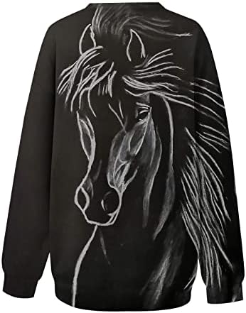 Oplxuo Sweatshirt de grandes dimensões para mulheres Crewneck de manga longa Vintage Pullover de cowboy ocidental 3D Horse