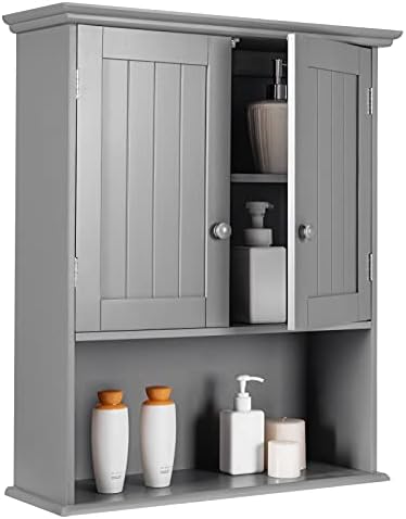 Armário de Banheiro de montagem em parede de Tangkula Organizador de armazenamento de medicamentos de madeira com 2 portas e coleção de cabana de 1 prateleira armário de parede