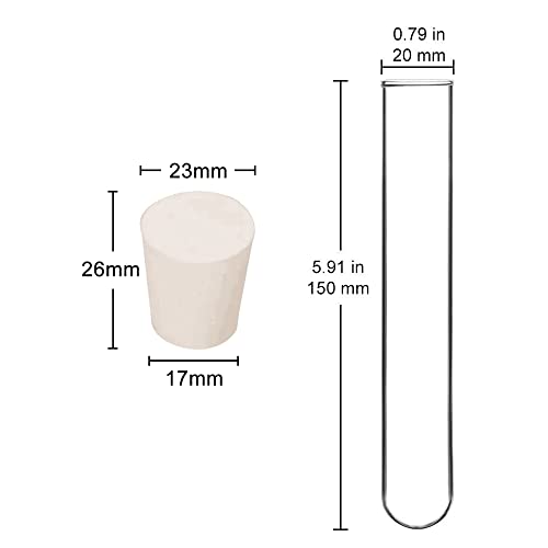 Tubos de teste de stonylab e pacote de rolhas de borracha sólida, borossilicato de 20 pacote de vidro redondo tubos de teste e 10# 3# stoppers de borracha de selo de laboratório branco de 3#