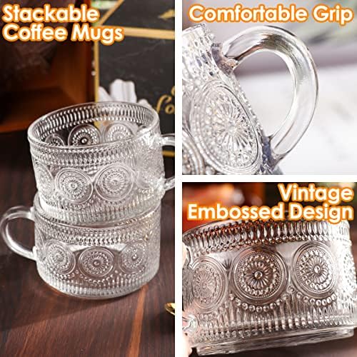 Ymyaye Canecas de café de vidro vintage Conjunto de 2, 14 onças de copos de café com vidro em relevo canecas de café empilháveis ​​para