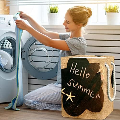 Deyya Hello Summer Beach Sand Laundry Basket com alças embutidas com suportes destacáveis ​​cesto de roupa para lavar armazenamento e organização