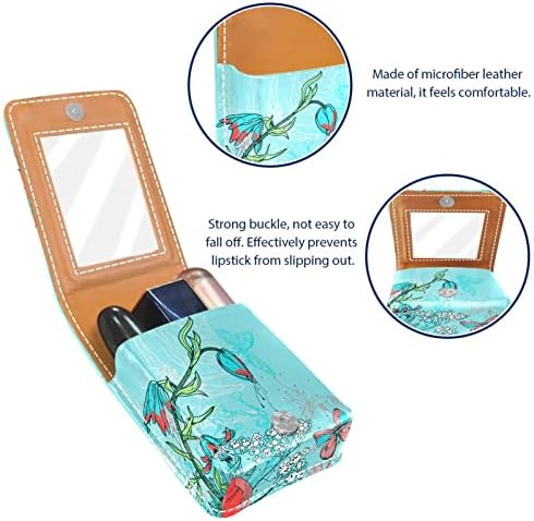 Mini estojo de batom com espelho para bolsa, flores florescendo e borboletas para o suporte de maquiagem cosmética, segura