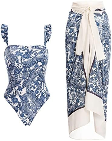 KNOSFE Two peças feminino de roupas de praia tie lateral manga de banho de traje de banho de espaguete Monokini com estampa floral