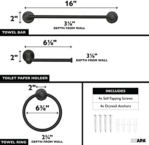 Conjunto de hardware do banheiro de ilyapa preto, parede montado em 3 peças de toalhas de banheiro preto fosco Conjunto - barra de toalhas, suporte de papel higiênico, anel de toalha de mão, acessórios para o banheiro definido com hardware de montagem