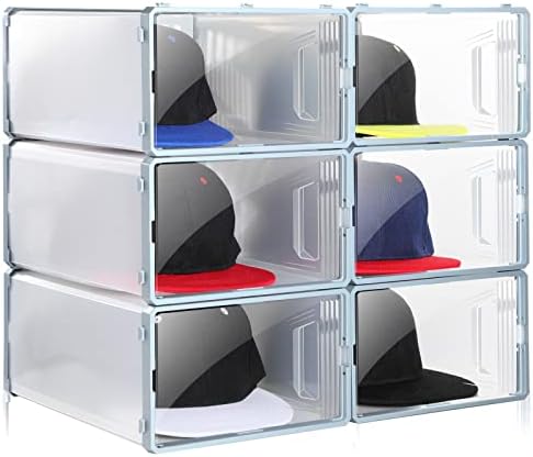 Caixa de organizador de chapéu de 6 compassos, prateleiras de chapéus para tampas de beisebol, recipientes de armazenamento de chapéu transparente, organizador de suporte de tampa empilhável, rack de chapéu à prova de poeira, caixa de tampa de armazenamento de sapatos fácil de montar