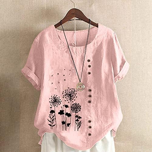 PBNBP Womens Summer Summer Fit Fit Fit Linen Linen Camisetas de Tunica de Dandelion de Manga Curta Plus Size Roul