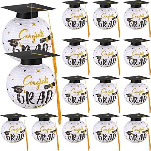 Treela 16 sets grad tampa de papel lanternas de graduação teto pendurado em lanternas redondas parabéns parabéns lanternas de papel preto decoração de graduação, amarelo preto branco